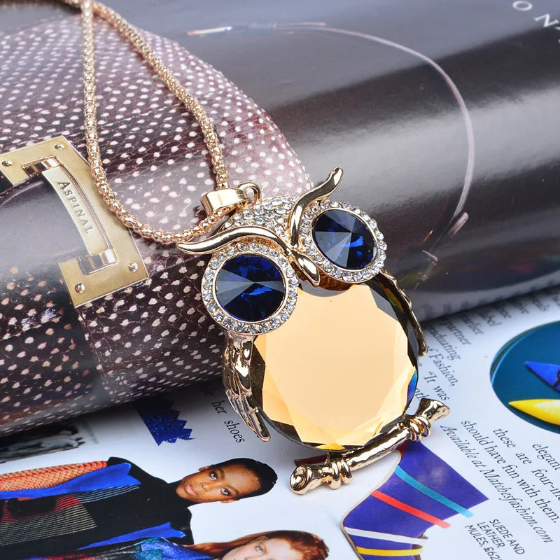 New Vintage Crystal Owl Necklaces Fashion Design Pendant Necklace Women Sweater Chain Jewelry Clothing Accessories Qme gold Coffee 80cm