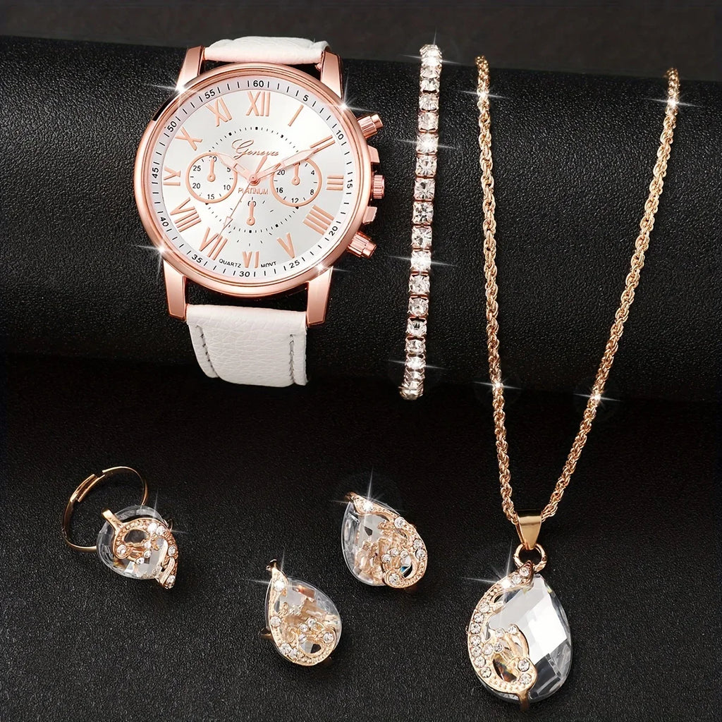 6pcs/set White Round Quartz Watch PU Leather Strap Zinc Alloy Pointer Zinc Alloy Case And Rhinestone Qme white suit