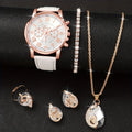 6pcs/set White Round Quartz Watch PU Leather Strap Zinc Alloy Pointer Zinc Alloy Case And Rhinestone Qme white suit