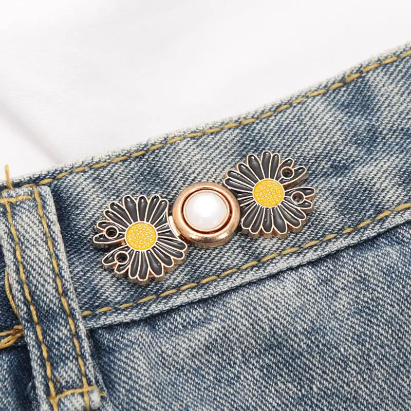 Reusable Metal Flower Buttons Pearl Snap Fastener Pants Pin Retractable Sewing-on Buckles for Jeans Fit Reduce Waist Accessories Qme A1 5PCS