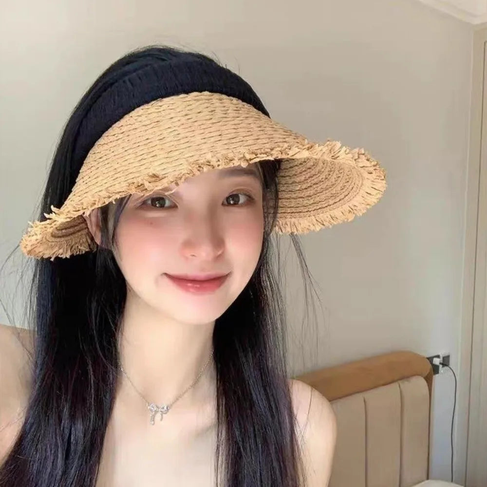 Fashion Woven Straw Visor Cap Sunscreen Hollow Empty Hat Big Head Qme