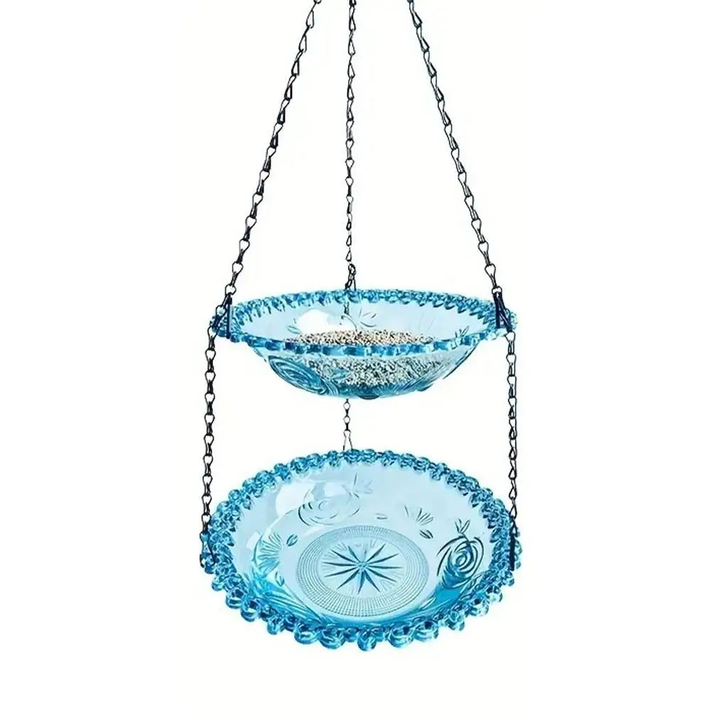 Two-layer Hanging Bird Feeder Outdoors Water Bowl Garden Yard Qme Blue