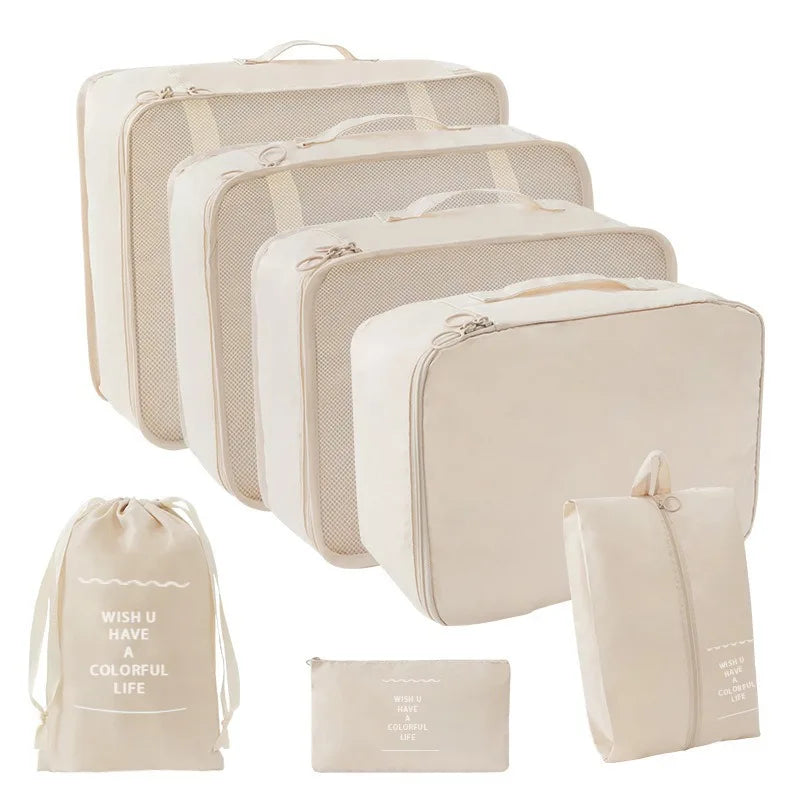 Portable Travel Organizer Storage Bags Set Suitcase Packing Cubes Set Cases Portable Luggage Clothes Shoe Tidy Pouch Folding Bag Qme 7 PCS Beige