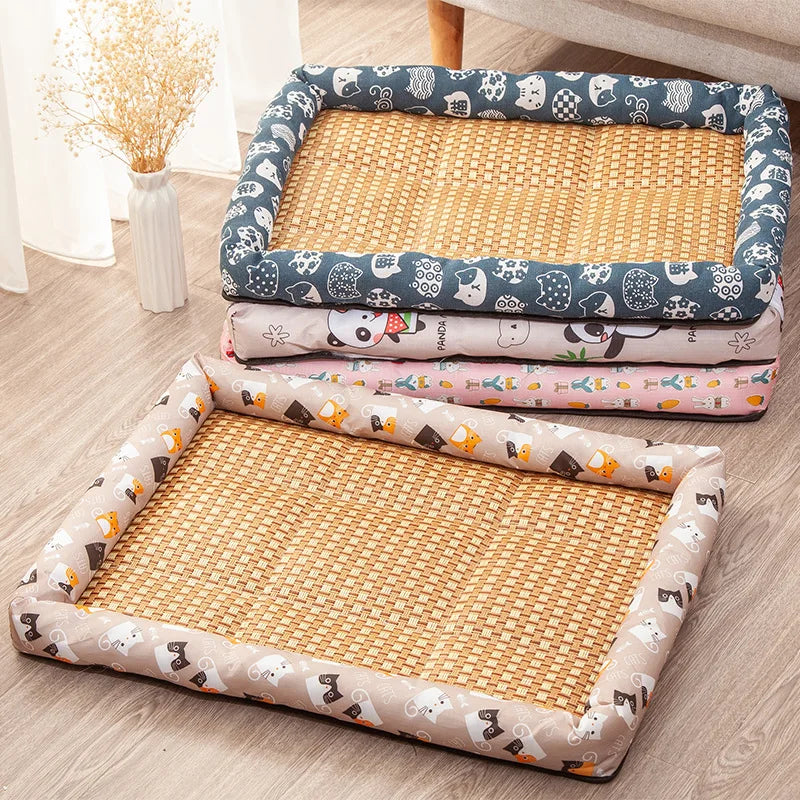 A Pet Summer Mat Cute Dog Cooling Sofa Breathable Small Dog Bed Cushion Moistureproof Rattan Wear Cat Mat Accessories Qme