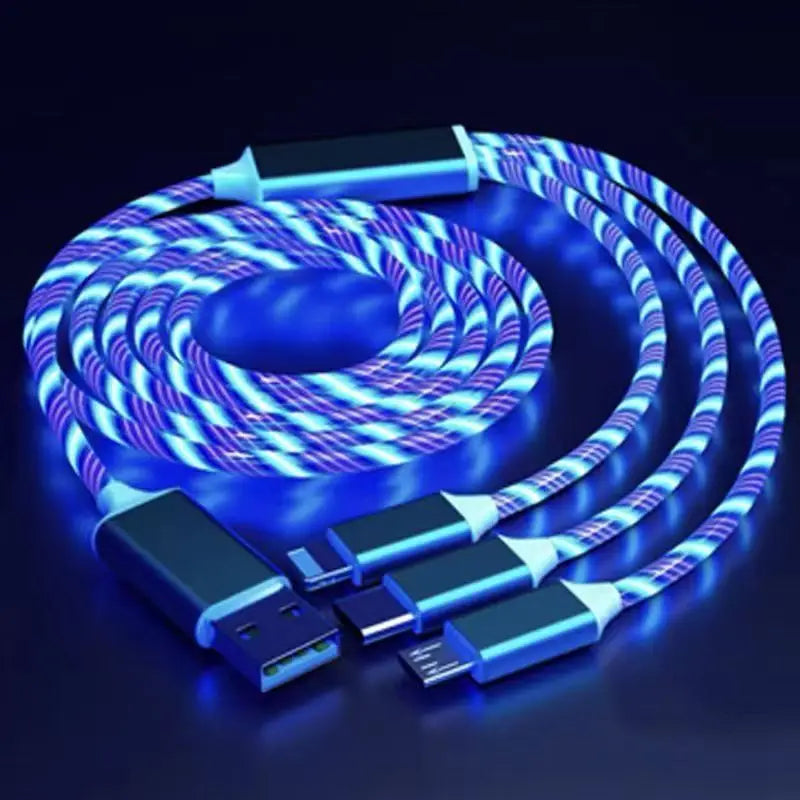 2pcs 3 in 1 Fast Charging Cable for Type C Lightning Android Universal Mobile Phones with Flowing Light Qme Blue