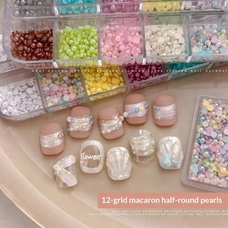 DIY Nail Art 12 Grids Colorful Pearl Half-round Beads Qme