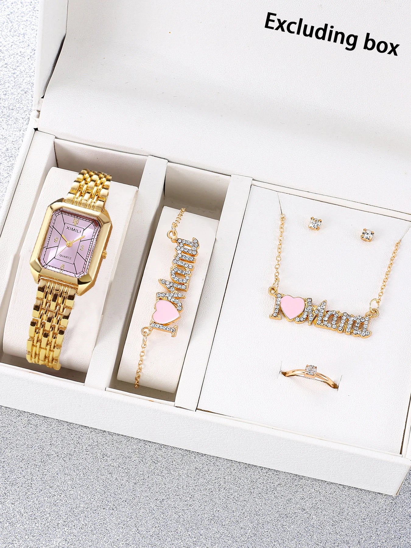 Golden rectangular steel strip quartz women's watch with diamond studded letters necklace bracelet earrings ring Mother's Day Qme Pink No