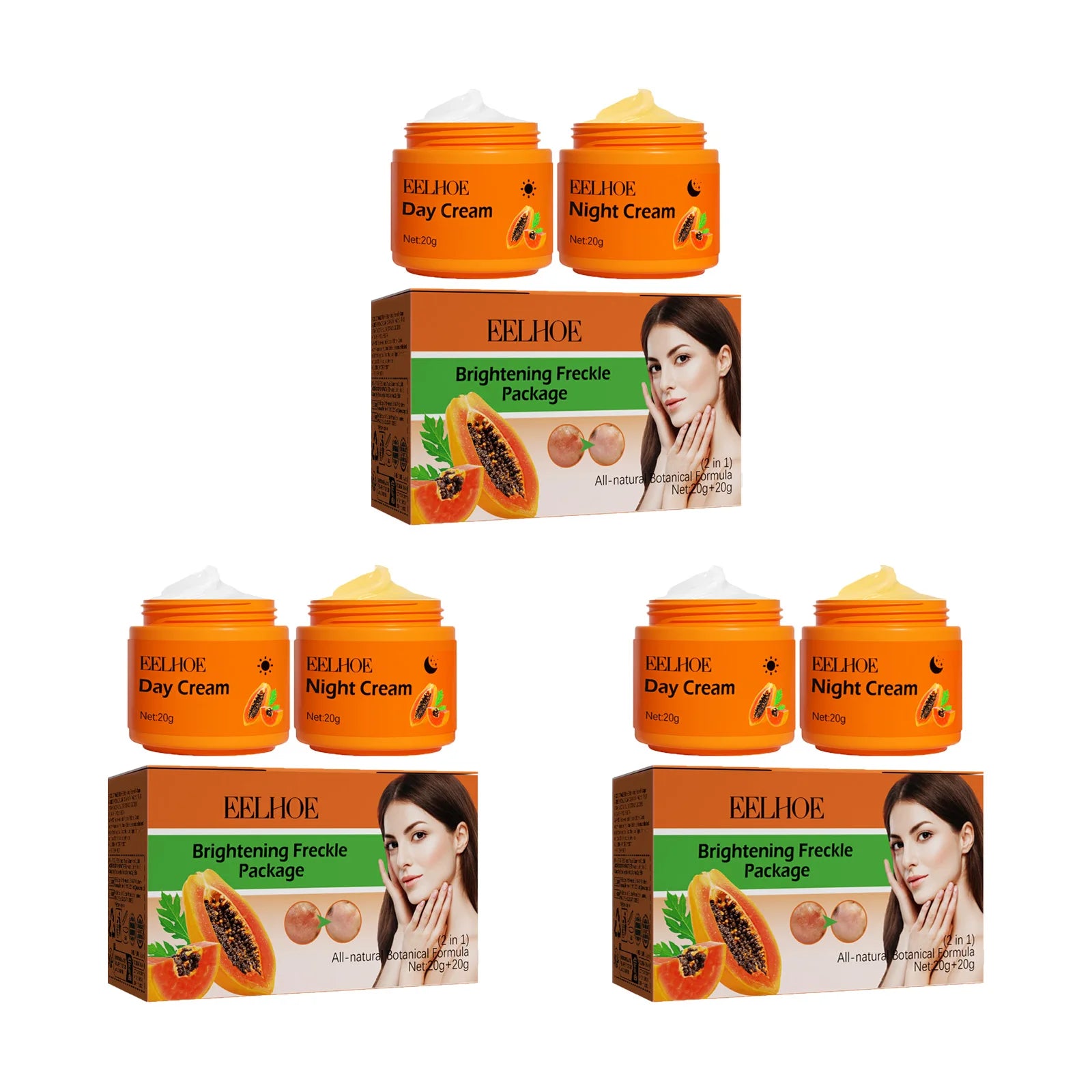 Papaya Brightening Freckle Face Cream Set Day Night Sun Spots Corrector Fade Pigment Brighten Skin Tone Day & Night Moisturizer Qme 3 Sets