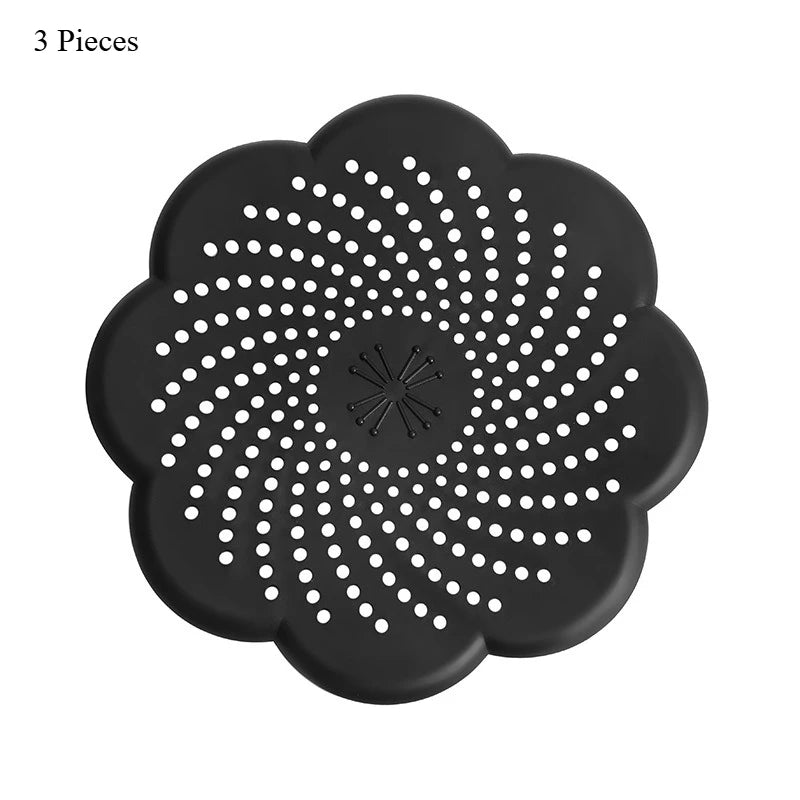 Silicone Flower Drain Cover Kitchen Bathroom Anti-Clogging Anti-Odor Anti-Insect Floor Drain Filter Hair Catcher Sink Strainer Qme Black-3pcs