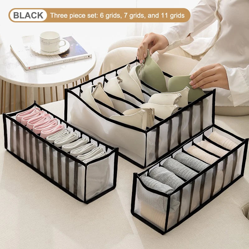 Multifunctional Folding Drawer-Style Fabric Storage Box For Underwear And Socks Qme Black 3Pcs