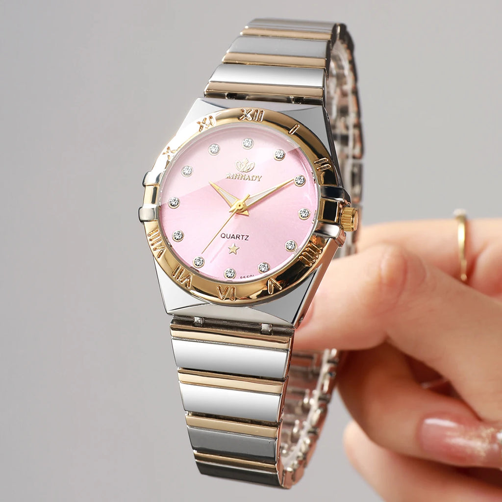 Elegant Ladies Two-Tone Interlocking Metal Strap Watch, Blush Pink Face Crystal Accent Casual Business Quartz Wrist Watch Qme