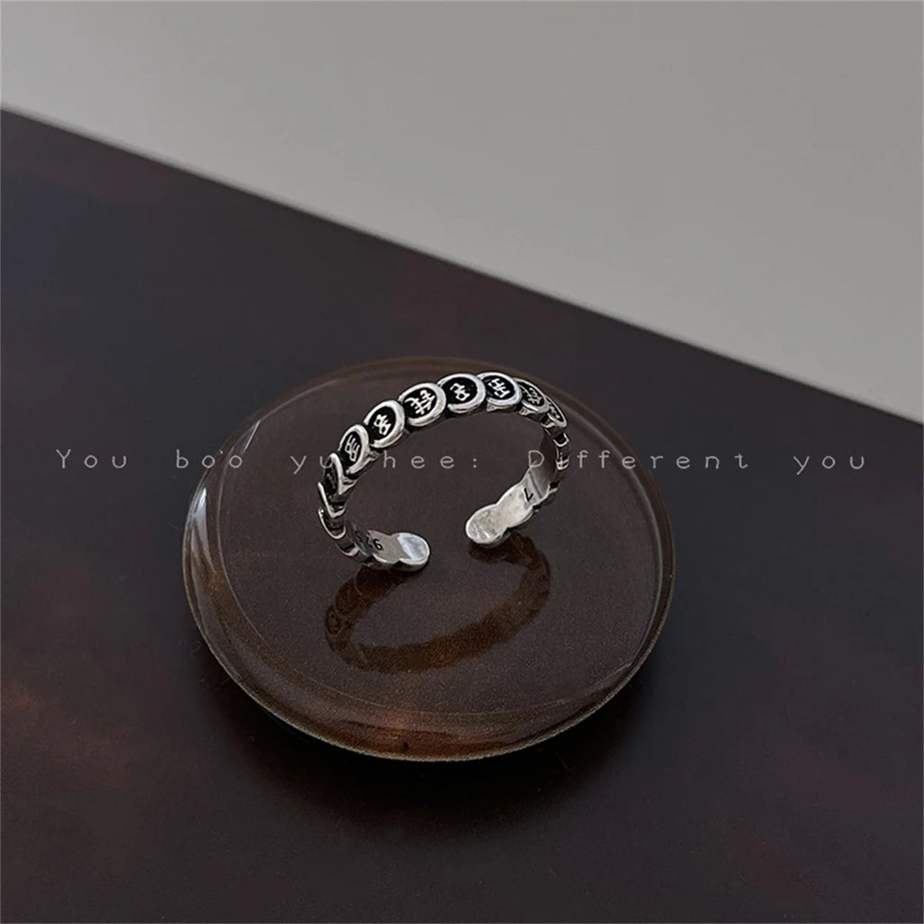 Creative Mahjong Money Abundant Adjustable Open Free Size Chinese Character Print Finger Ring for Men Women Retro Silver Color Qme