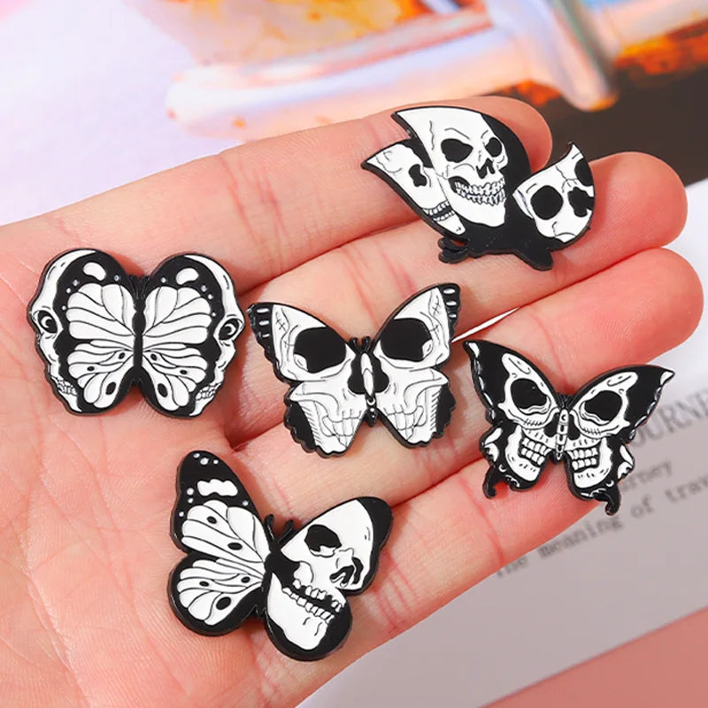 Skeleton Butterfly Enamel Pins Black Skull Gothic Punk Lapel Clothes Badges Brooches Backpack Hat Jewelry Gift for Kid Friends Qme
