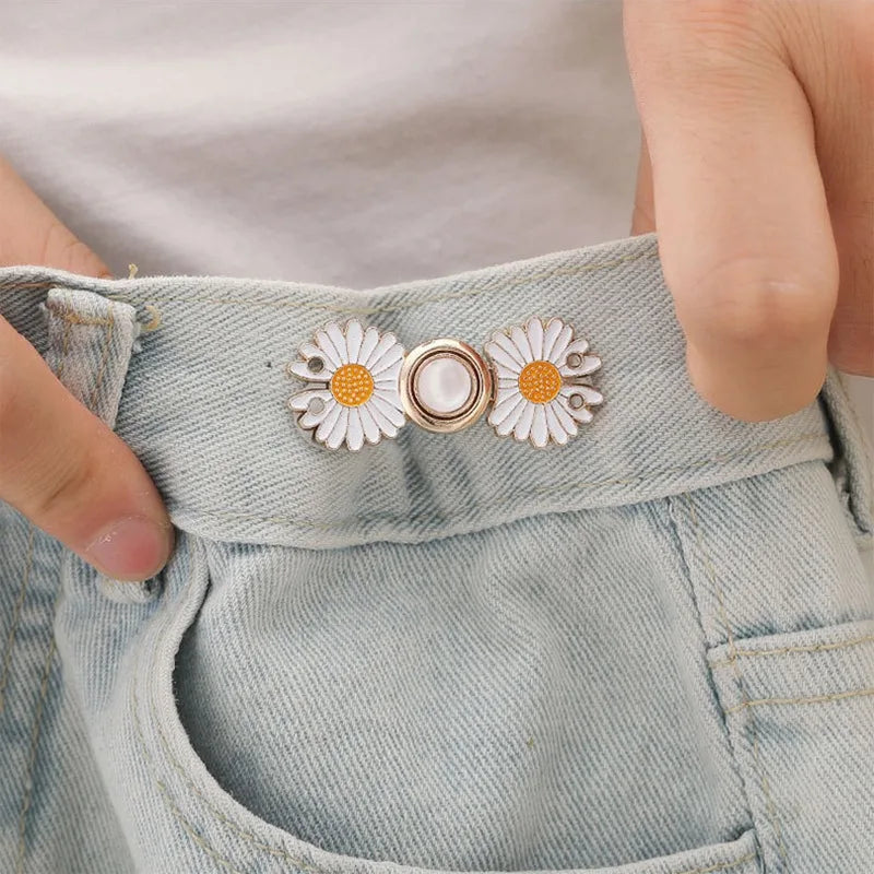 Reusable Metal Flower Buttons Pearl Snap Fastener Pants Pin Retractable Sewing-on Buckles for Jeans Fit Reduce Waist Accessories Qme