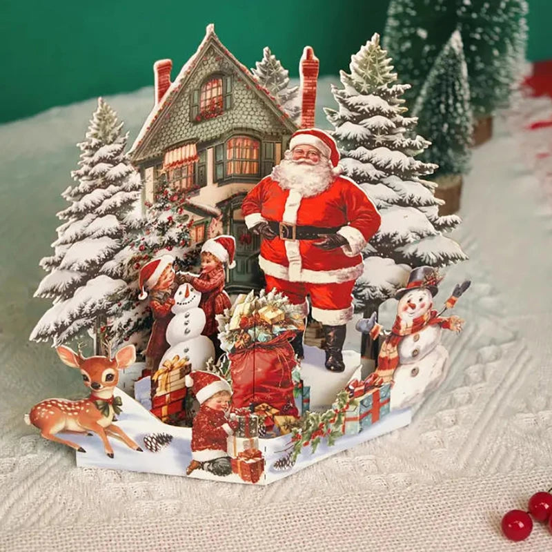 3D Christmas Card Night Before Scene Santa Reindeer Snowy Village Qme