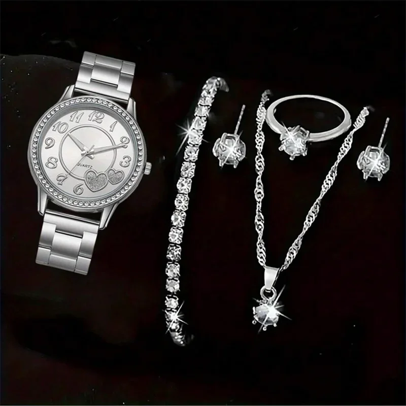 6pcs Leisure and Fashion Steel Belt Love Women's Watch Set Qme Silver set