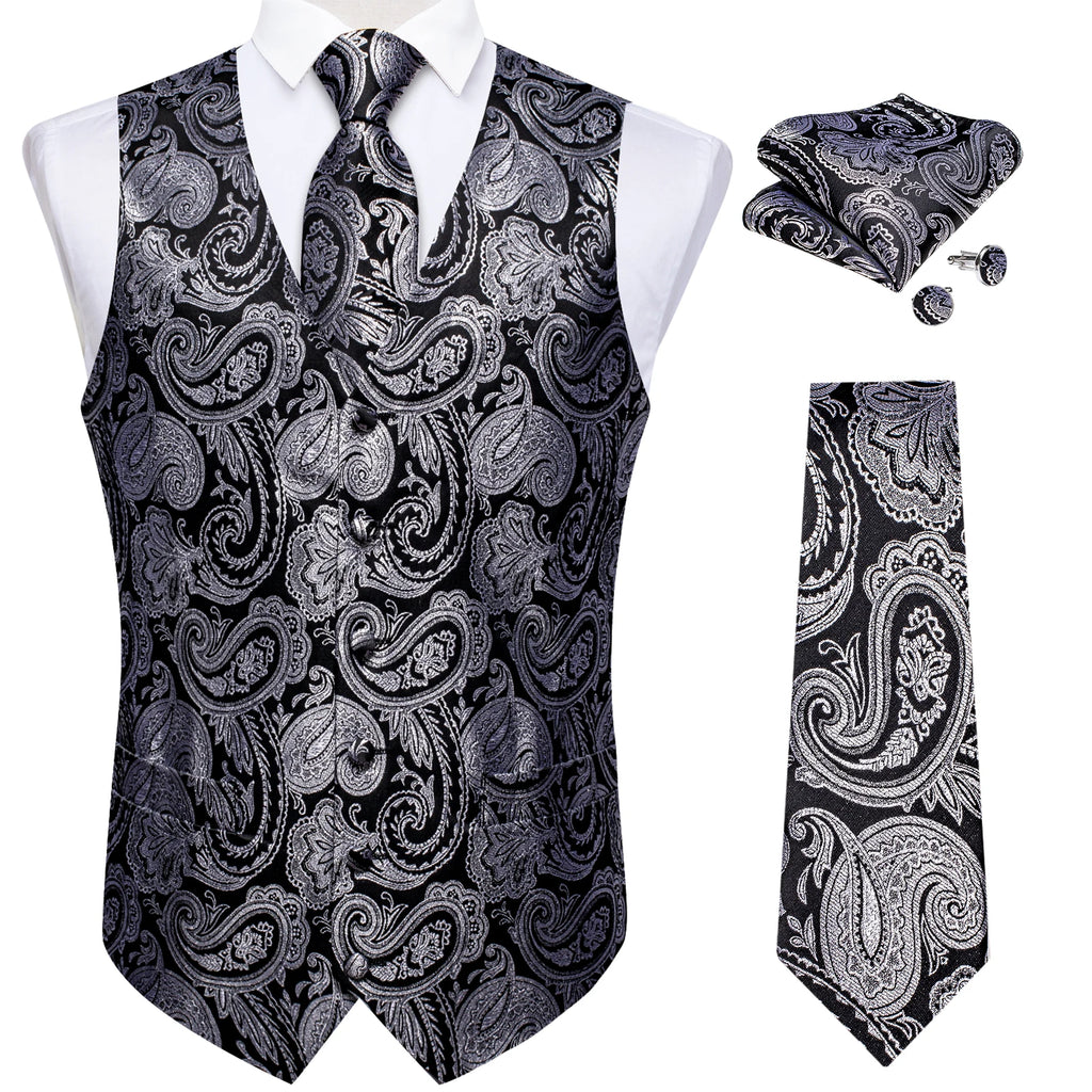 Men's Formal Suit Vest & Tie Set – Waistcoat with Necktie Pocket Square, Perfect for Weddings and Business Events Qme MJTZ0148 S