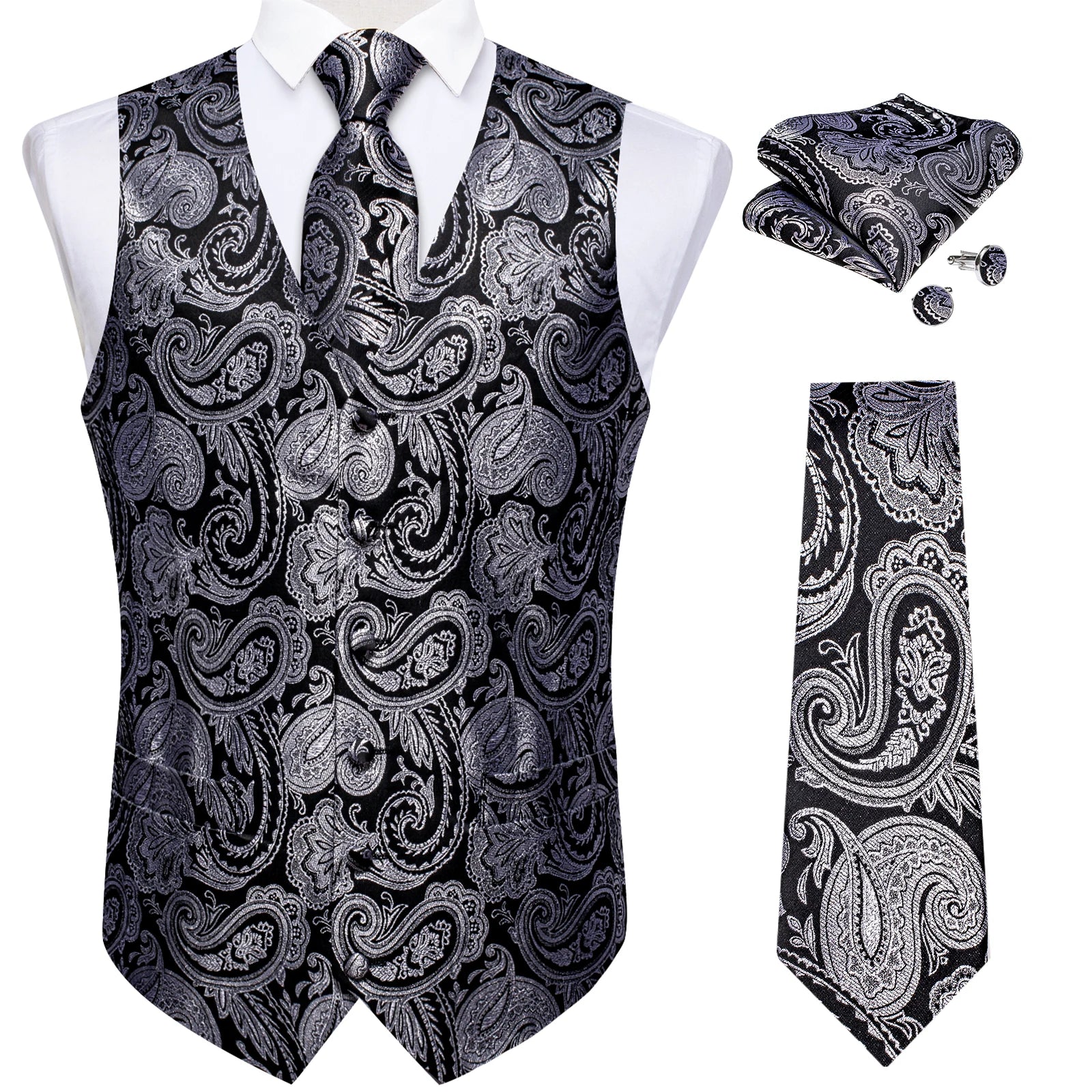 Men's Formal Suit Vest & Tie Set – Waistcoat with Necktie Pocket Square, Perfect for Weddings and Business Events Qme MJTZ0148 S