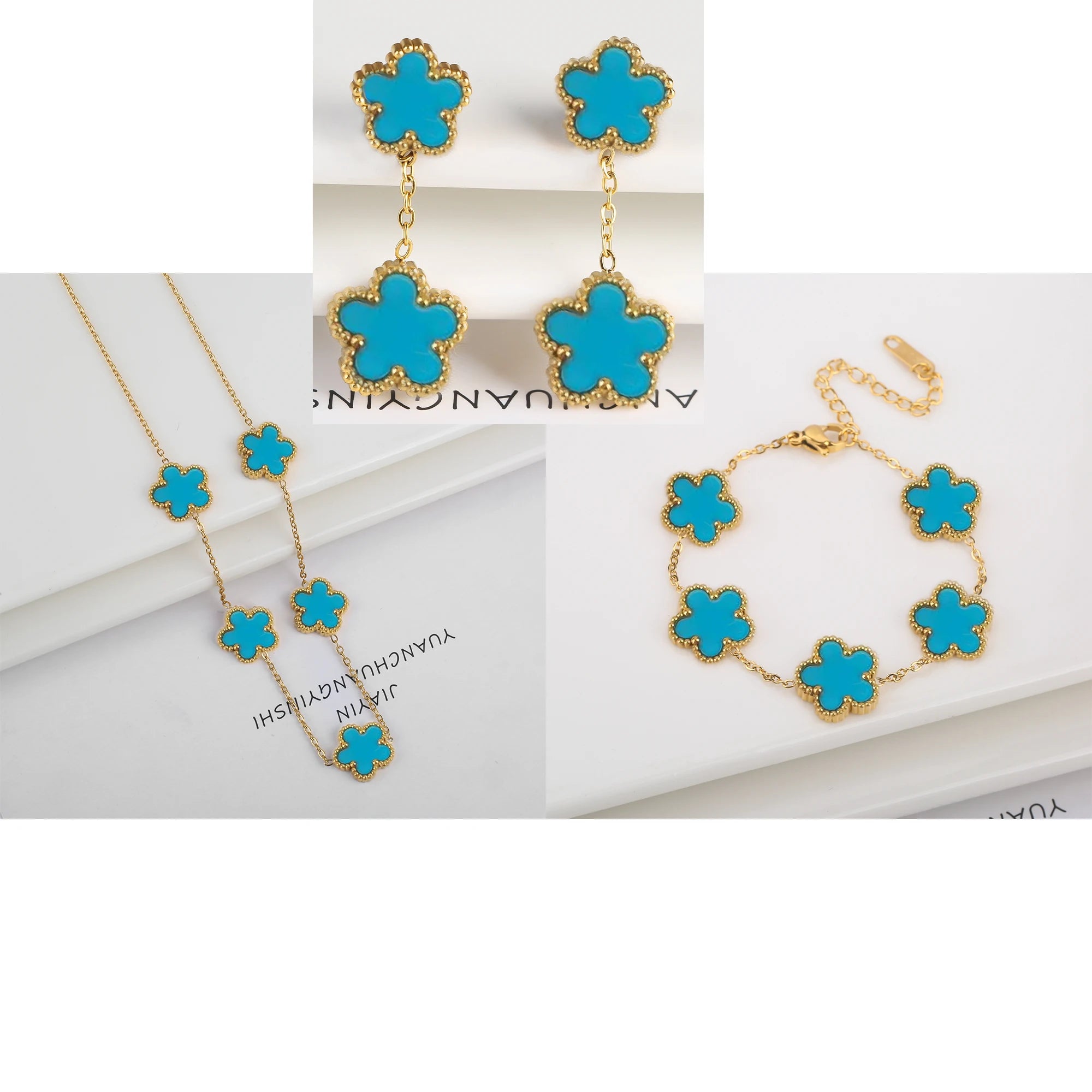 New Trend Five Leaf Flower Stainless Steel Jewelry Set Bracelet Necklace Earrings Classic for Woman Party Luxury Jewelry Clover Qme Jewelry Set 6