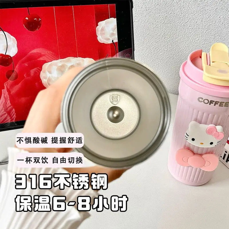 Cute Hello Kitty Insulated Cup Stylish 316 Stainless Steel Straw Cup for Women Large-Capacity, Portable Coffee Cup for Work Qme