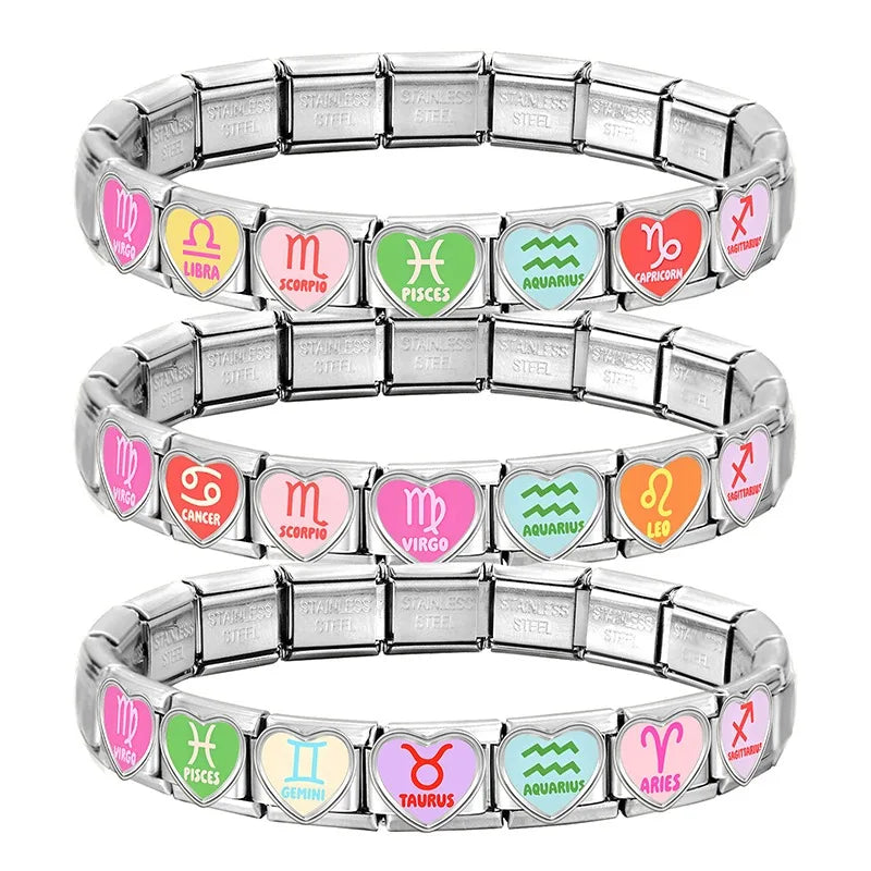 New2026 Unique Inlay Heart Constellation Theme Italian Charm Link Fit 9MM Bracelet Stainless Steel Women Men DIY Making Gifts Qme