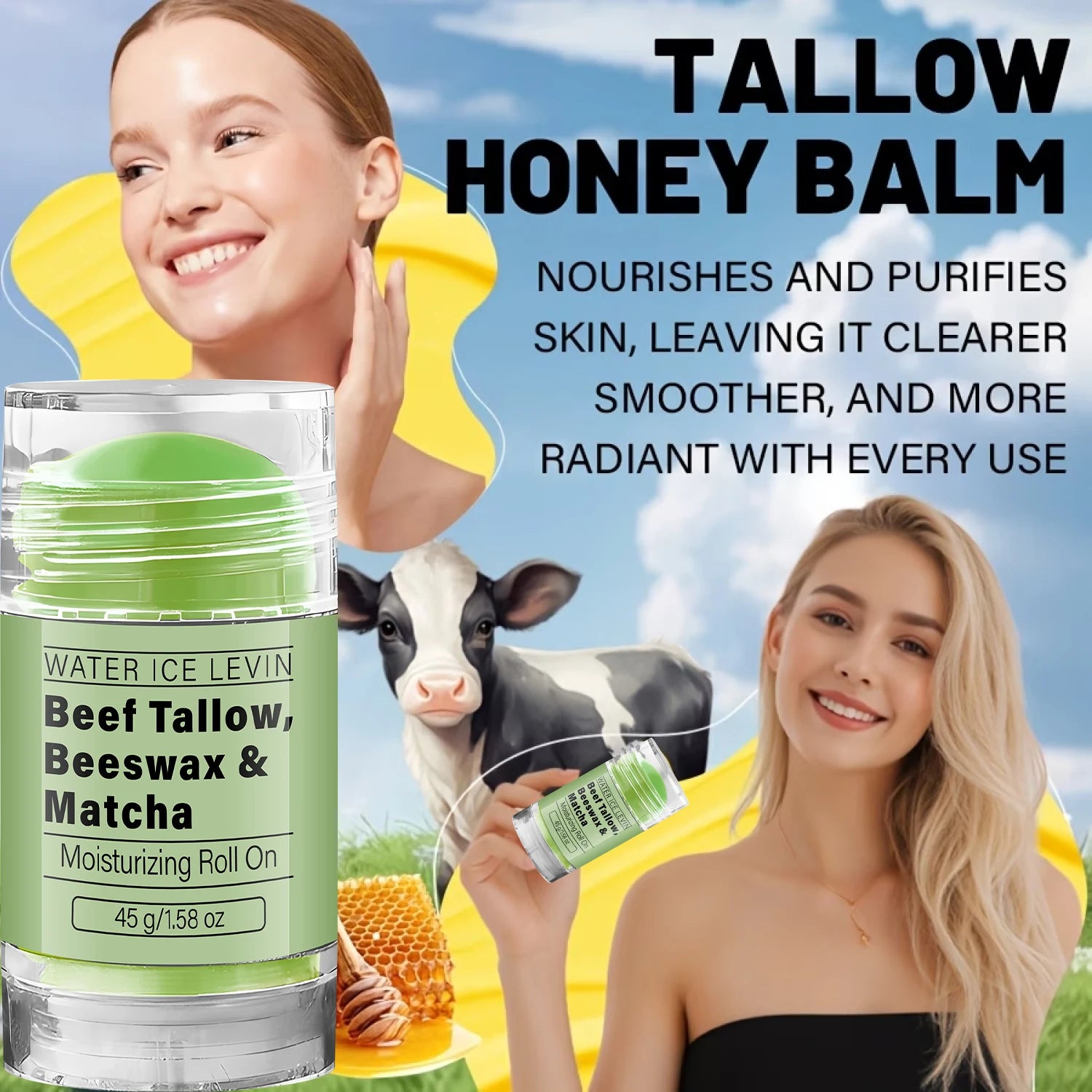 Collagen Infused Matcha Tallow Balm, Beef Tallow & Beeswax Moisturizing Roll On Treatment Qme
