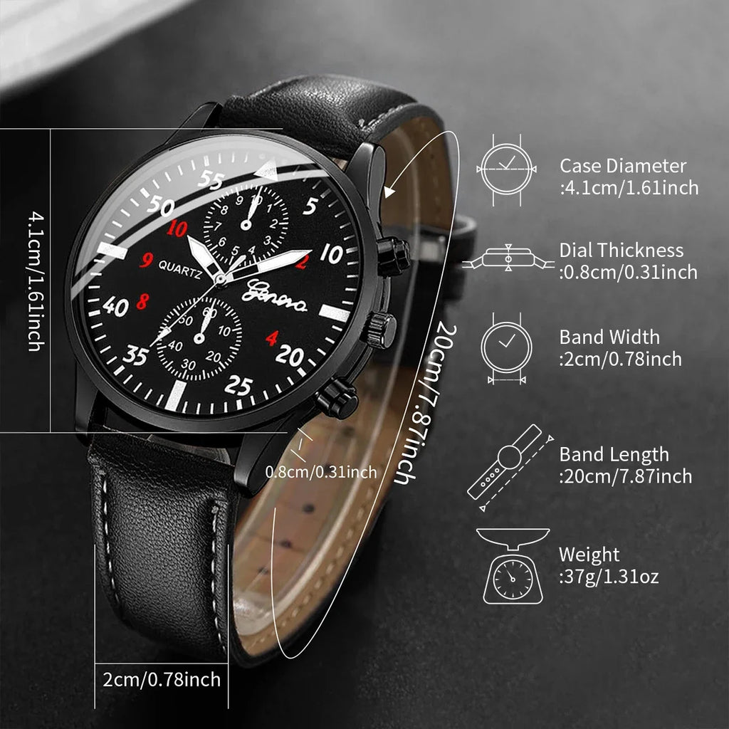4PCS/Set Fashion Arabic Dial Men Business Watches Casual Leather Strap Quartz Wristwatch Jewelry Set Reloj Hombre (Without Box) Qme