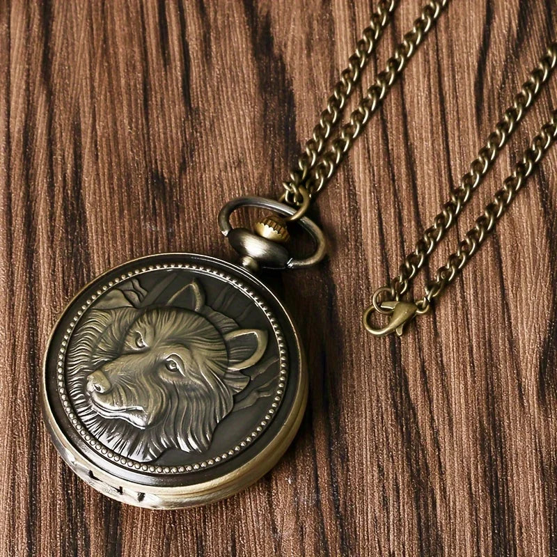 1pc Retro Bronze Wolf Necklace Pendant Quartz Pocket Watch Men's Gift Qme