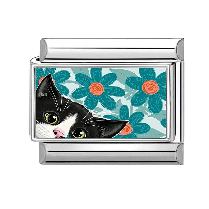 Fashion Green Grassland Daisy Flowers Cats Series Italian Charms Fit 9mm Stainless Steel Women Fashion Bracelet DIY Jewelry Gift Qme Style 9