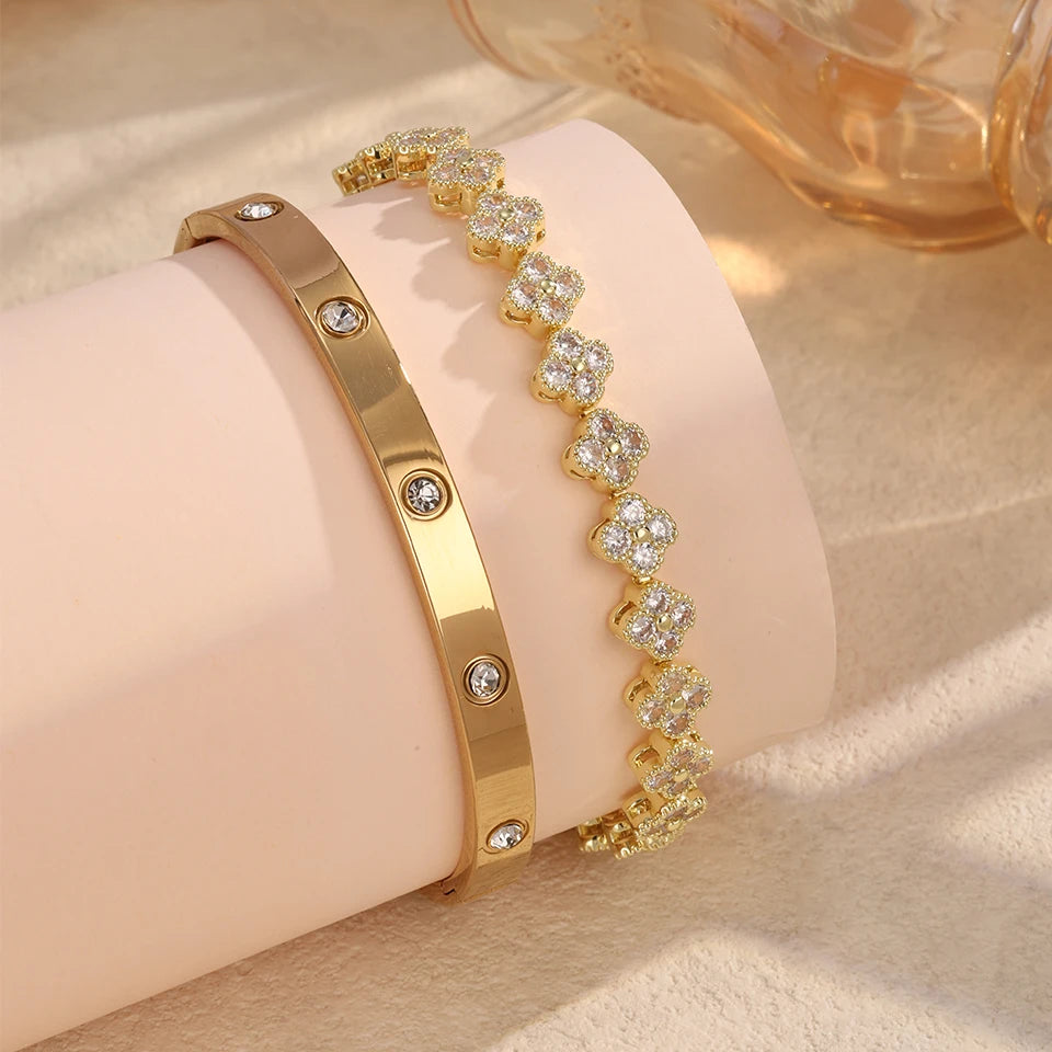 Colorful Shiny Zircon Five-leaf Flower Stacked Bracelet Bangles 18K Qme