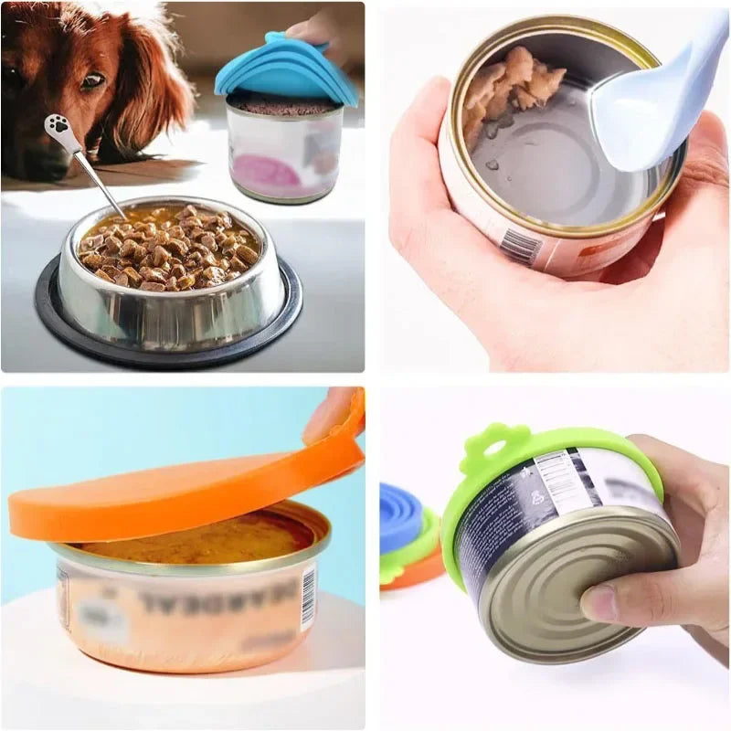 2pcs/set Reusable Pet Food Can Cover and Spoon Portable Dogs Cat Storage Tin Cap Lid Seal Cover Health Pet Supplies Pet Lids Can Qme