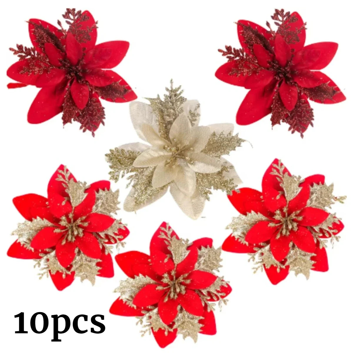 10/1Pc Christmas Glitter Artificial Flowers DIY Christmas Tree Hanging Ornaments Fake Flower For Xmas New Year Party Decor Gifts Qme