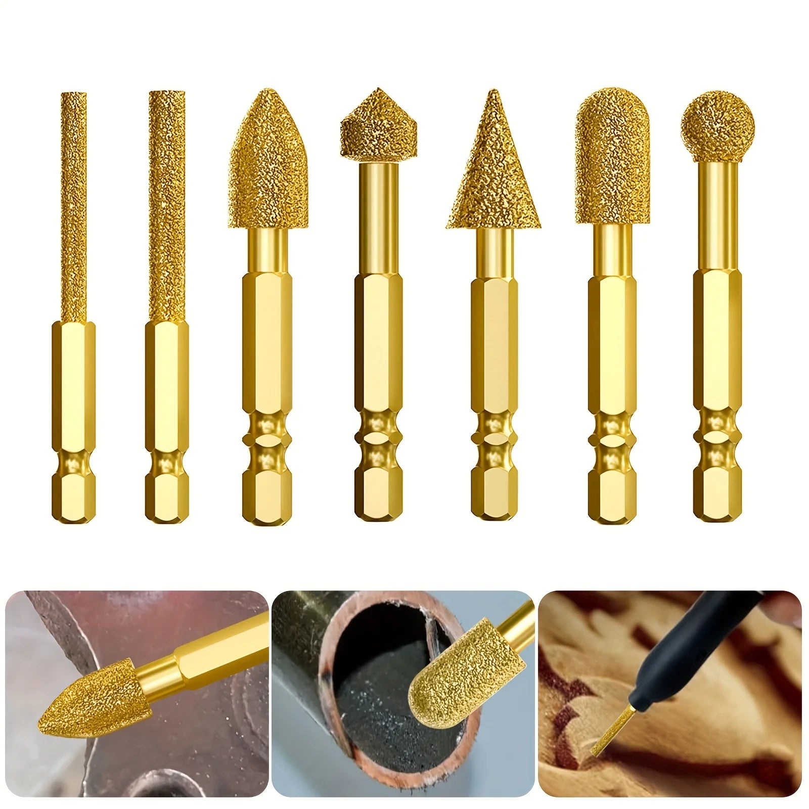 7pcs Hex Shank Diamond Grinding Head Set Rotary File Alloy Polishing Burr for Electric Drill, Multi-Shape Grinding Bits Qme