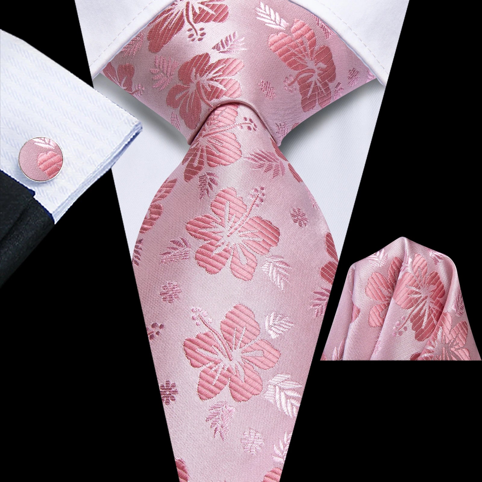 Hi-Tie Extra Long 170cm Pink Floral Men's Elegant Tie Handkerchief Cufflinks Set Wedding Party Accessories Gift for Men Gravats Qme N-4065
