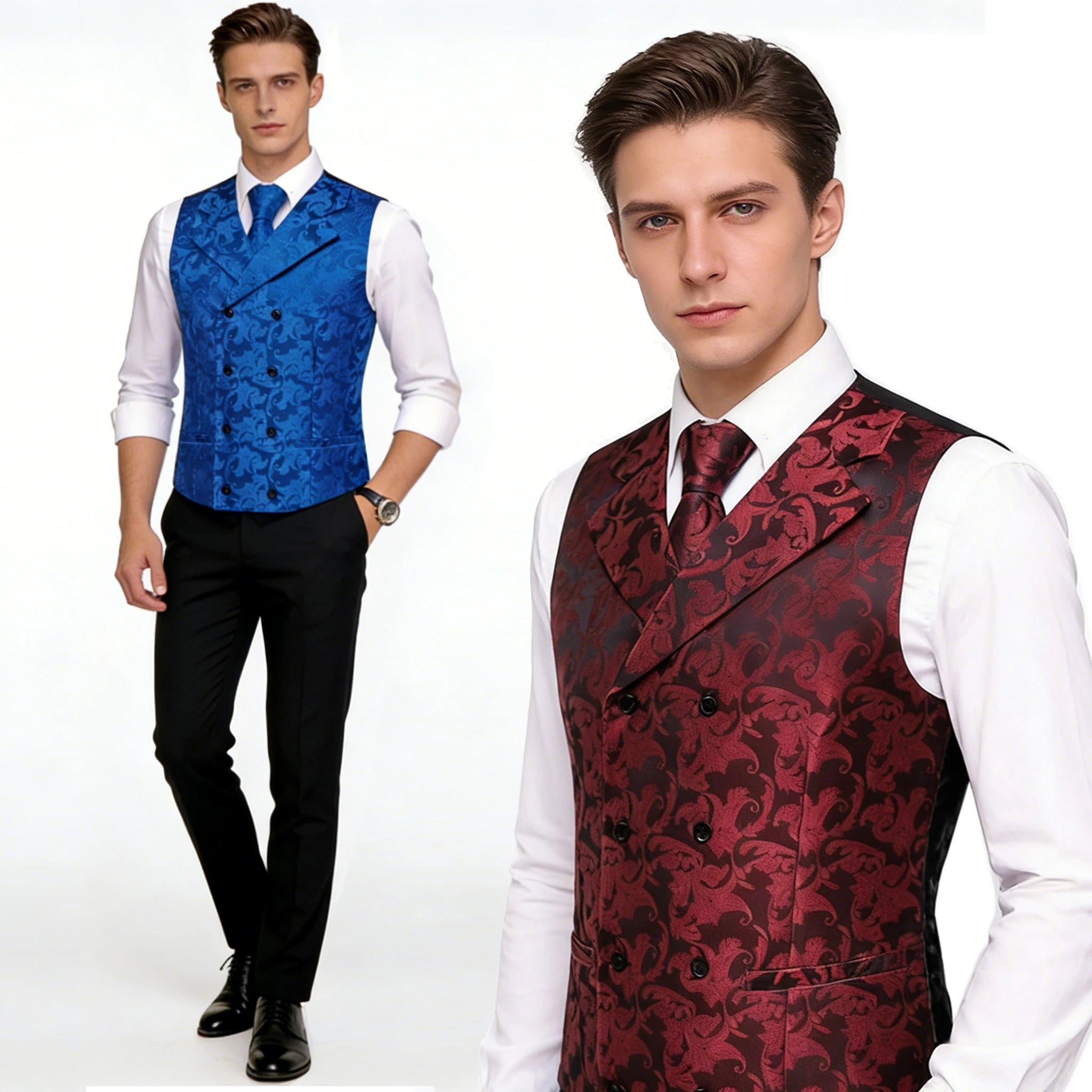 Mens Double Breasted Half Notch Lapel Waistcoat Formal Floral Qme