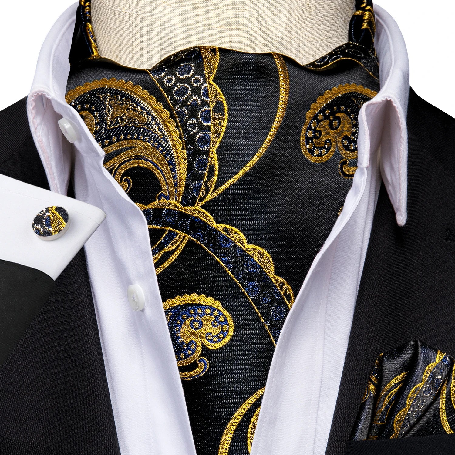 Silk Mens Ascot Black Pink Blue Red Gold Green Purple White Beige Cravat Tie Hanky Cufflinks for Male Wedding Business Prom Gift Qme AS-1105