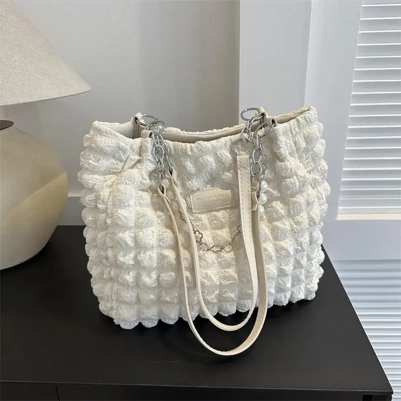 Bubble Textured Tote Bag Pearl Chain Decoration Large Capacity For Shopping Dating Office Commute Qme White