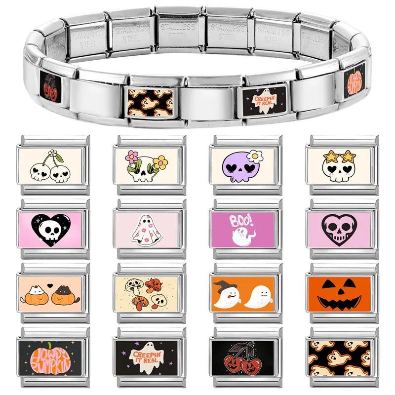 New 2025 Halloween Skull Hands Pumpkin Cats Ghost Italian Charms Links Beads Fit 9mm Stainless Steel Modular Bracelet Jewelry Qme