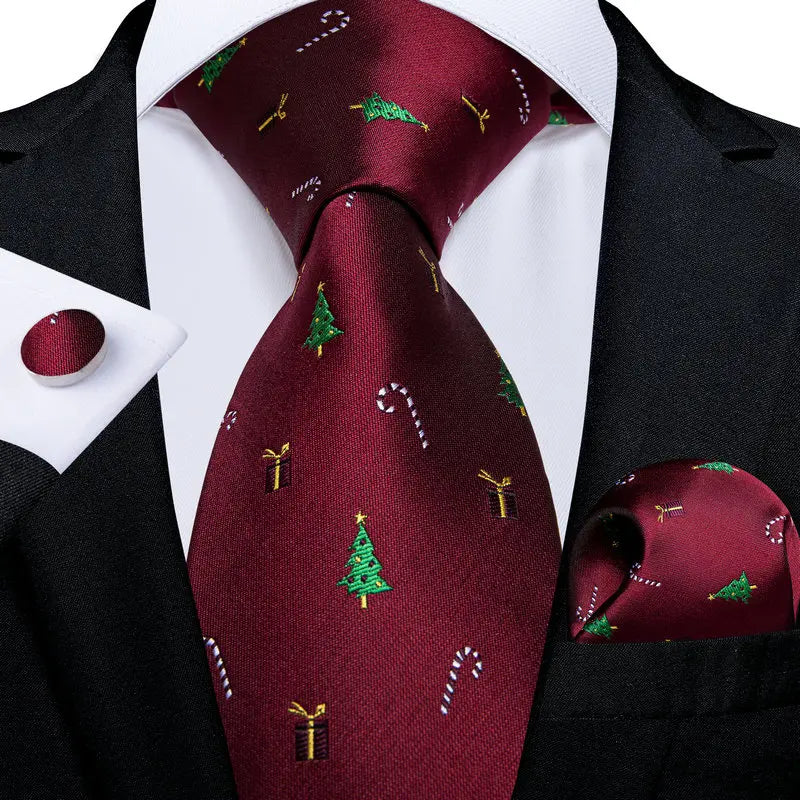 Christmas Red Tie Set 3 Pieces Men Necktie Pocket Square Cufflinks Xmas Wedding Party Suit Accessories Gifts for silk Boyfriend Qme LDSN7377