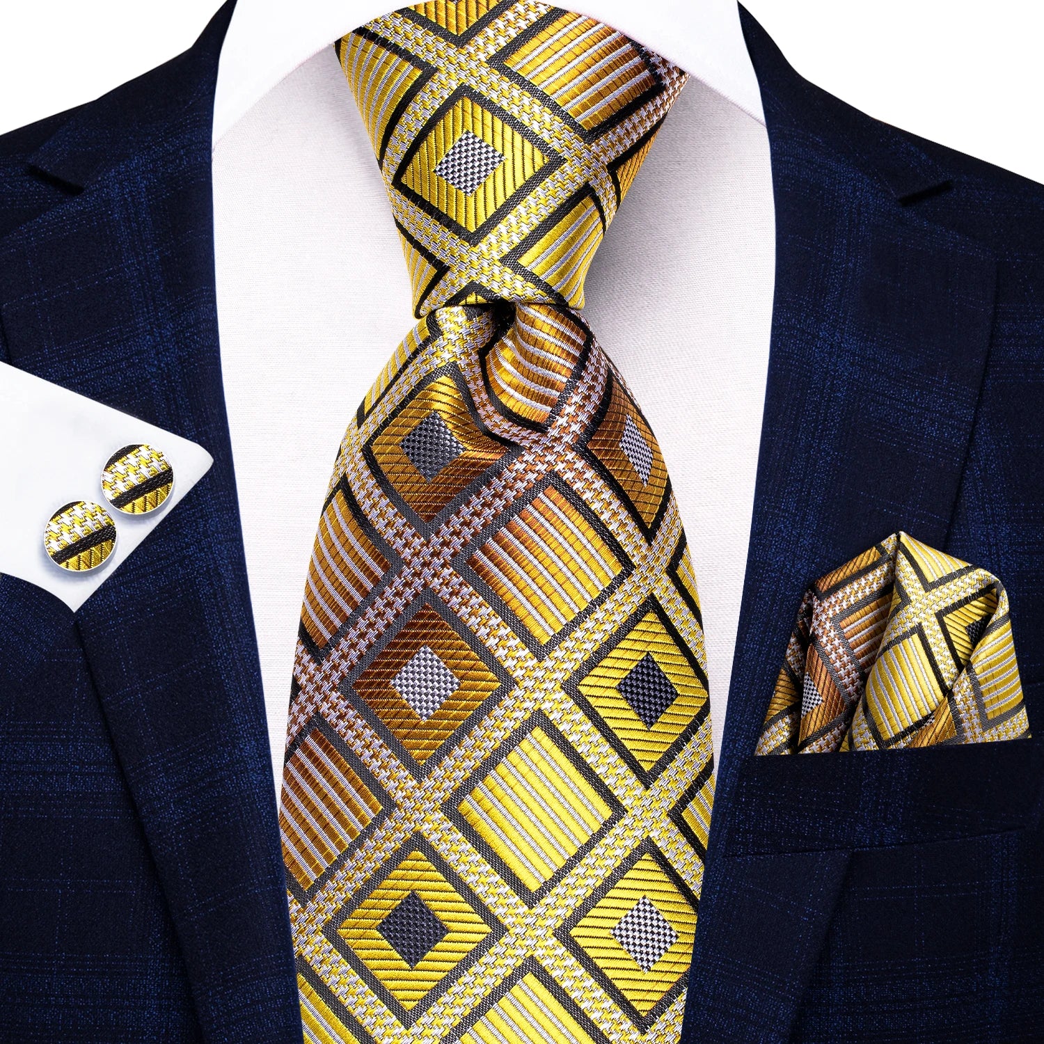 Designer Gold Solid Wedding Tie Men Handky Cufflink Striped Plaid Qme SN-3490