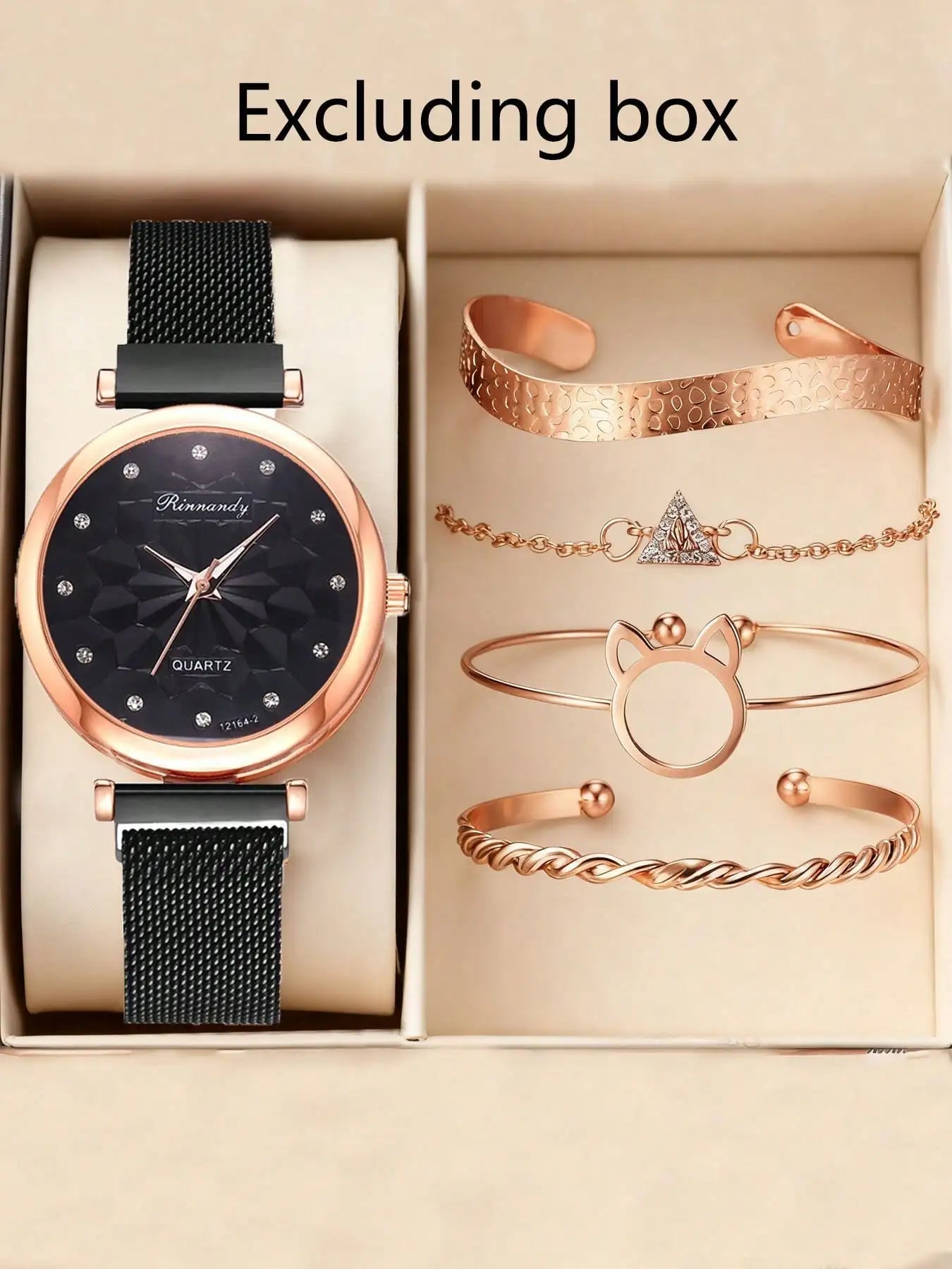 Watch bracelet set Cat's ears (Steamed cat-ear shaped bread) bracelet set magnet buckle mesh band watch set Qme black