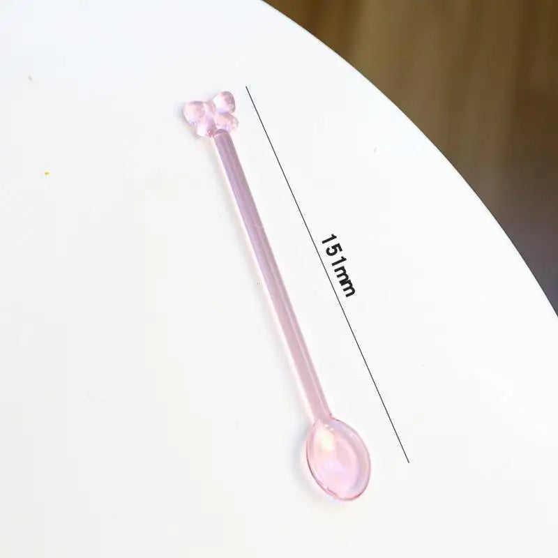 Pink Bow Glass Coffee Spoon, Long-handled Dessert/milk Tea Stirring Spoon, Heat-resistant Teaspoon, Household Kitchen Tool.. Qme
