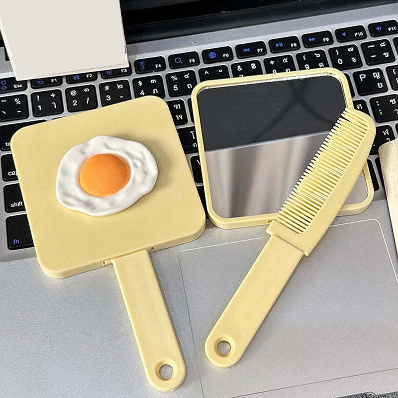 Portable Handle Mirror Comb Yellow Square Makeup Personal Care Use Qme