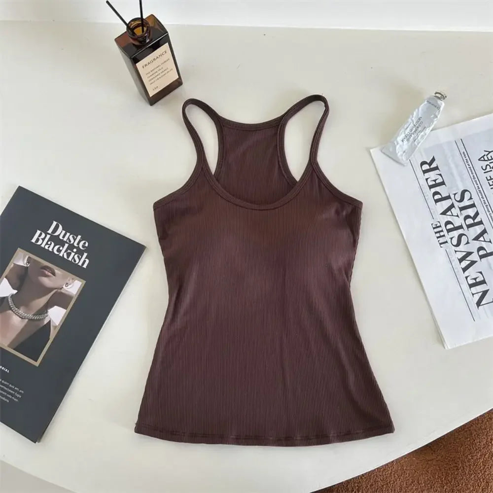 Women Underwear Wire-free Tank Crop Top Sexy Camisole Solid Color Chest Pad Tee American Retro Sleeveless Slim Tank Top Qme KF One Size