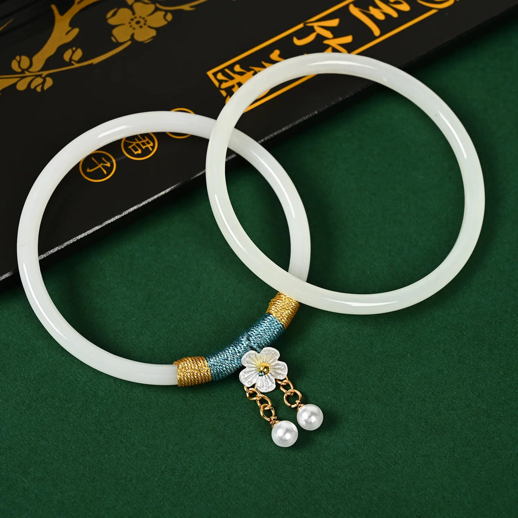 2Pcs/Set Natural Jade Jingle Bangles Retro Simple Fairy Flower Glass Bracelet Femme Fashion Women's Casual China Jewelry Gifts Qme white 60mm