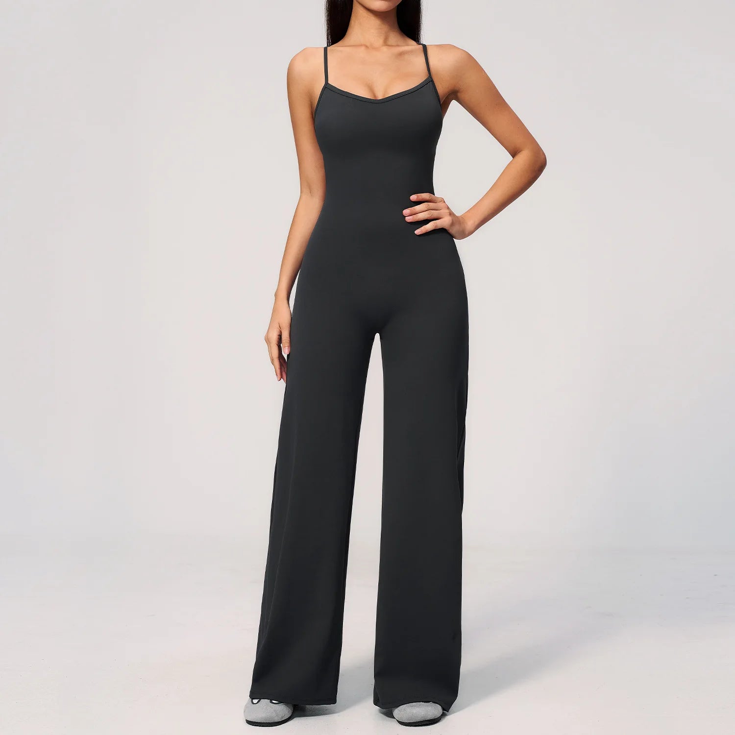 B New Summer Women Sleeveless Yoga Jumpsuit Female Gym Wide-Leg Pants Neck-hanging Backless Sportswear Sport Outfit For Woman Qme Advanced Black S