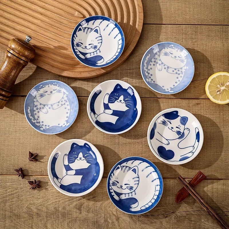 Sauce Dishes Sushi Plate Tableware Japanese Style Ceramic Dessert Creative Cute Cartoon Lucky Cat Pattern Water Drop Shape Plate Qme