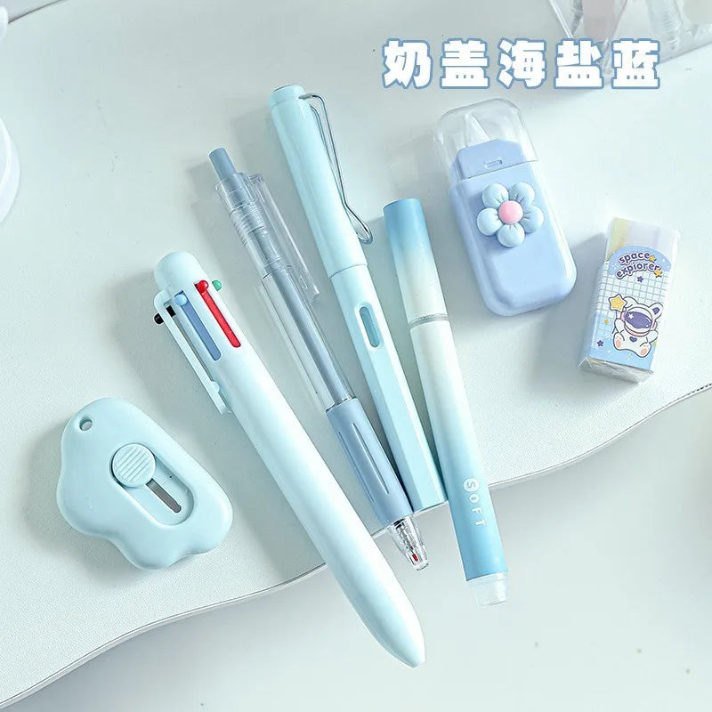 7PCS Cream Color Cute Stationery Set for School, Christmas Student Gift, Kawaii Writing Supplies with Notebook Pen Qme