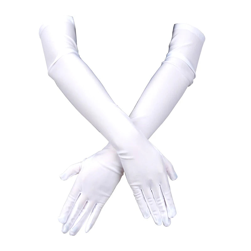 Women Long Gloves Finger Elbow Protection Opera Evening Party Prom Qme WHITE length 52cm