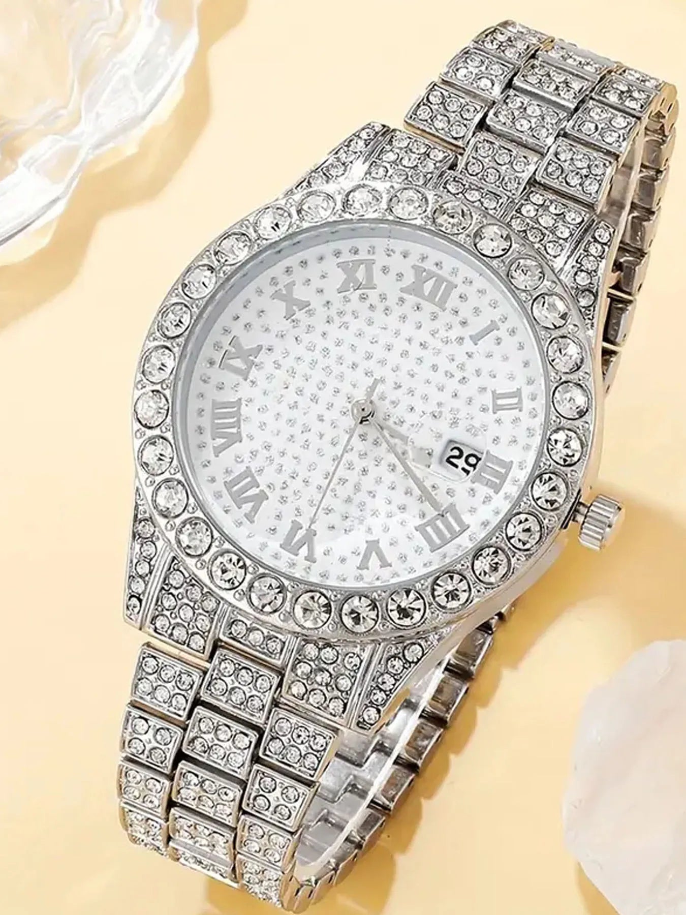 Luxury Men's Square Quartz Watch with Diamond-Embedded Roman Numerals Alloy Fashion Gift Set Qme